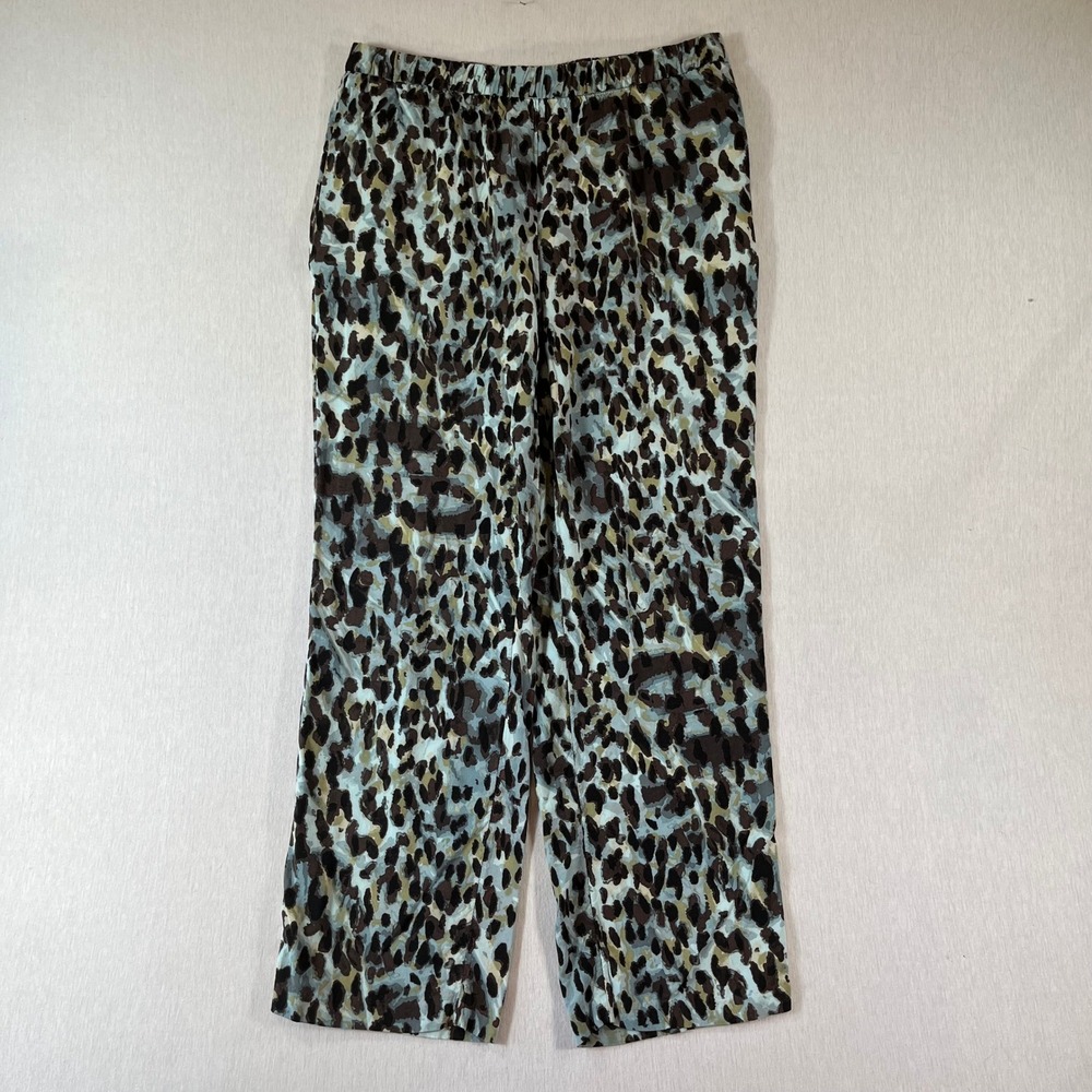 Chicos Pull On Pants 1.5 Reg Leopard Print Blue Brown Animal Rayon Stretch Boho